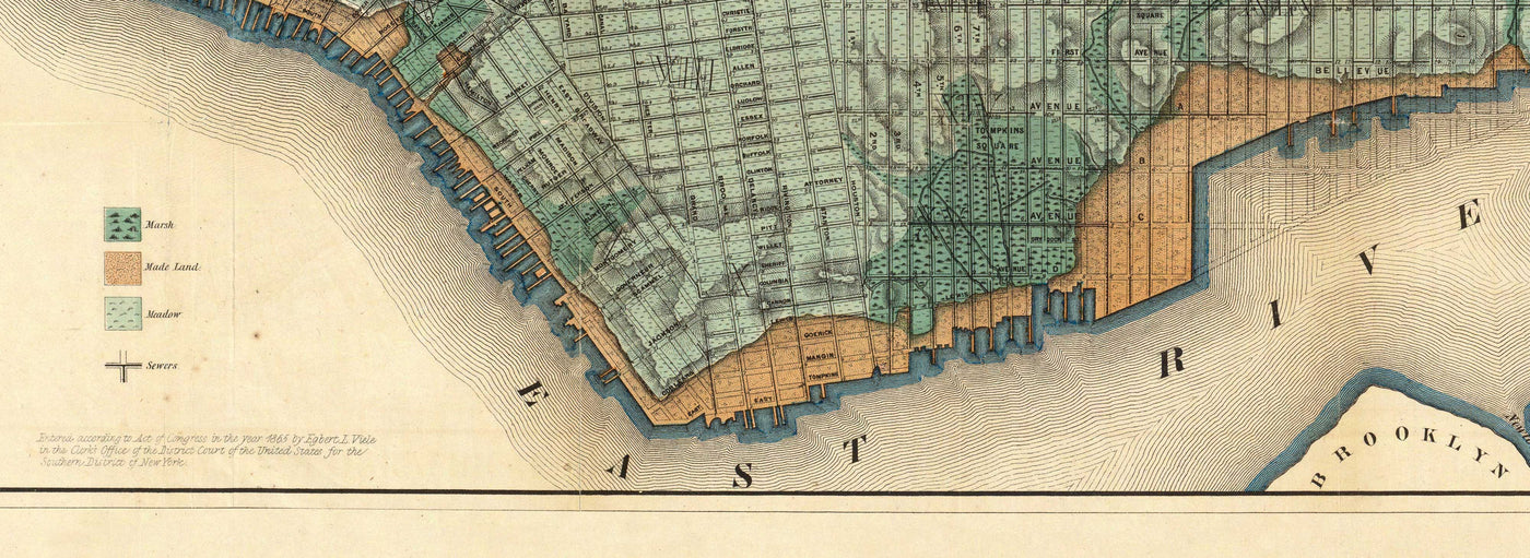 Old Map of Manhattan's Sewers and Waterways in 1865 by Ferdinand Mayer & Co - Hudson River, East River, Blackwells Island, NYC, Central Park