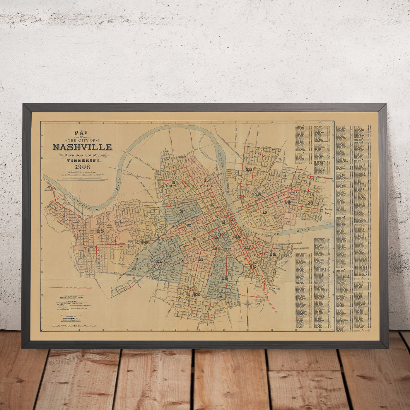 Ancienne carte de Nashville par Hopkins, 1908 : rivière Cumberland, Capitole de l'État, Vanderbilt, Centennial Park, Ryman Auditorium