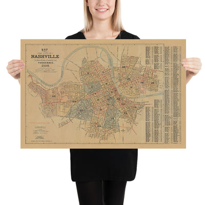 Ancienne carte de Nashville par Hopkins, 1908 : rivière Cumberland, Capitole de l'État, Vanderbilt, Centennial Park, Ryman Auditorium