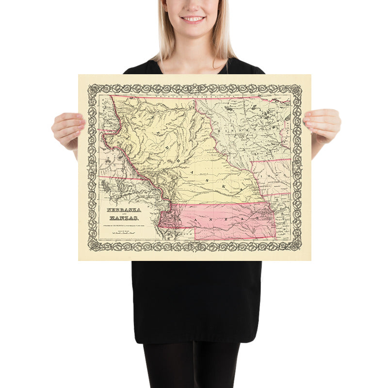 Mappa antica del Nebraska e del Kansas di Colton, 1856: Omaha, Bellevue, Nebraska City, Leavenworth, Lawrence 