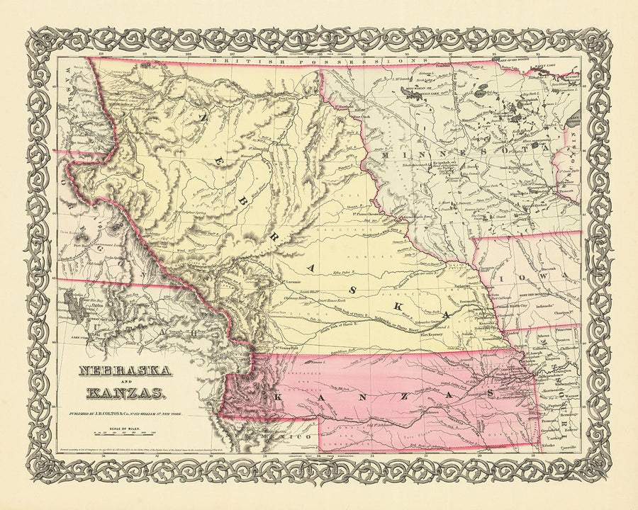 Mappa antica del Nebraska e del Kansas di Colton, 1856: Omaha, Bellevue, Nebraska City, Leavenworth, Lawrence 