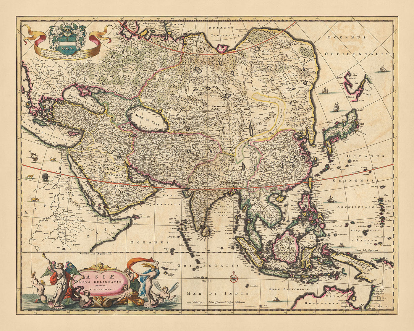 Ancienne carte de l'Asie par Visscher, 1690 : Moyen-Orient, Asie de l'Est, Asie centrale, Asie du Sud, Asie du Sud-Est