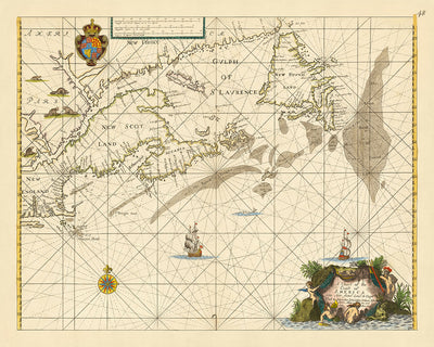 Old Naval Chart from Cape Cod to Newfoundland by Seller, 1674: New England, Nova Scotia, Avalon Peninsula