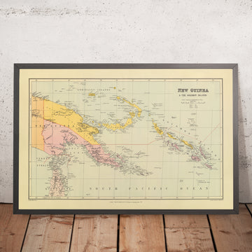 Ancienne carte de la Papouasie-Nouvelle-Guinée et des Îles Salomon par Stanford, 1901 : Port Moresby, mer de Corail, mer des Salomon, Nouvelle-Bretagne, détroit de Torres