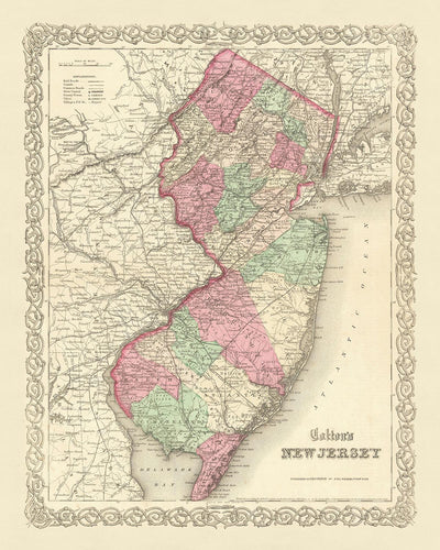 Old Map of New Jersey by J. H. Colton, 1855: Newark, Jersey City, Paterson, Trenton, and Camden