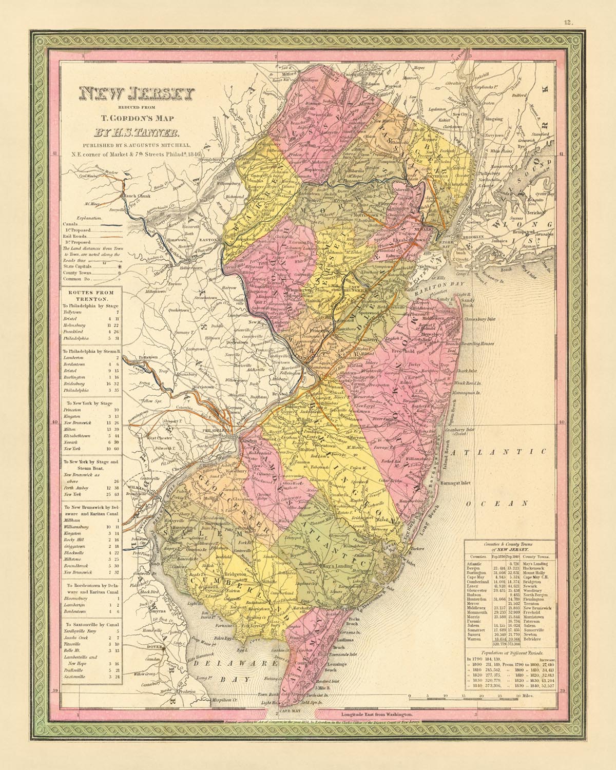 Old Map of New Jersey by Tanner, 1847: Garden State, New York City, Philadelphia, Trenton, Princeton, and Camden