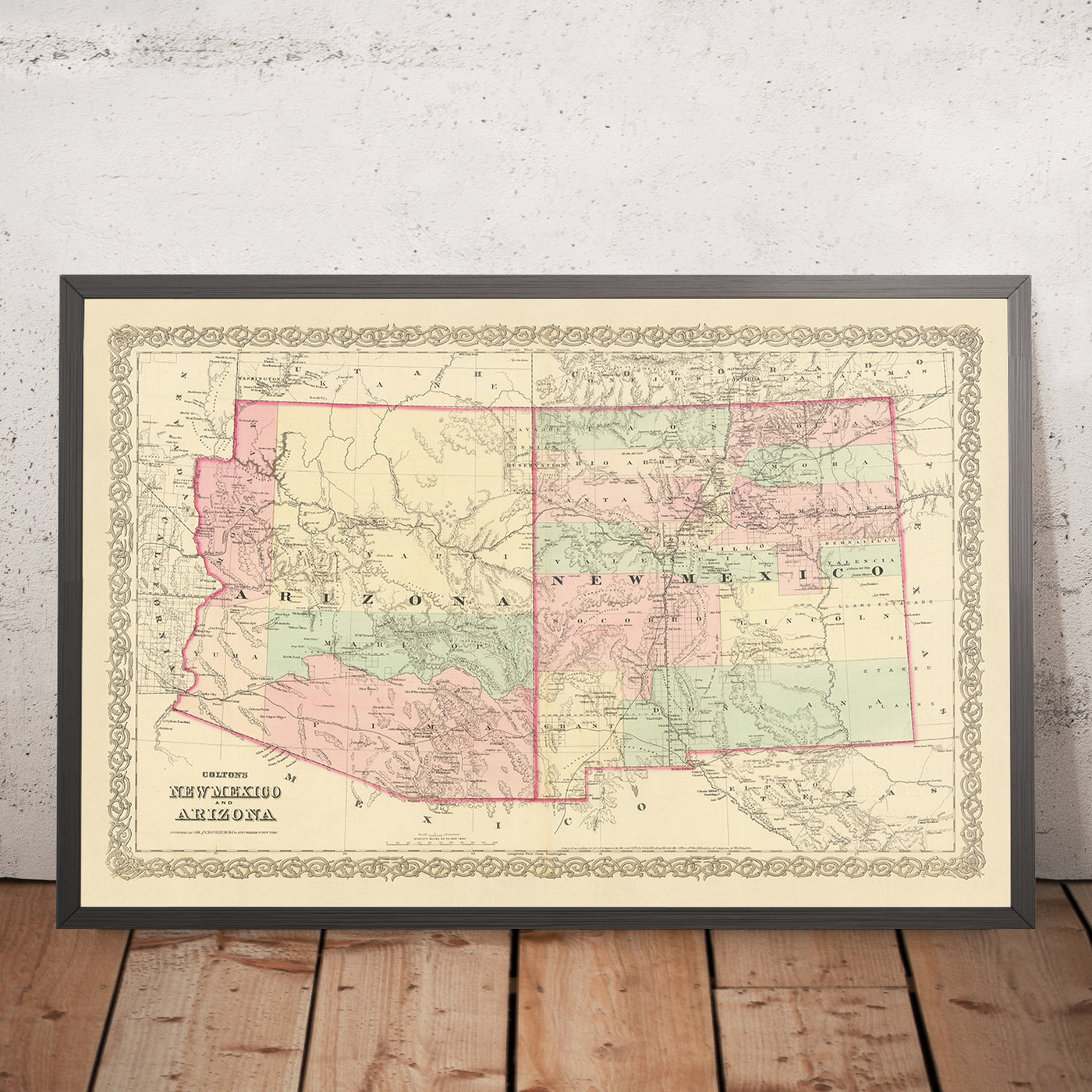 Mapa antiguo de Nuevo México y Arizona por Colton, 1873: Santa Fe, Tucson, Albuquerque, Prescott y Mesilla