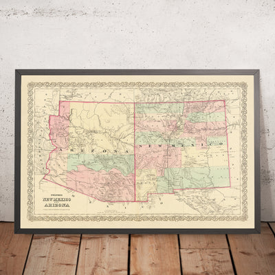 Ancienne carte du Nouveau-Mexique et de l'Arizona par Colton, 1873 : Santa Fe, Tucson, Albuquerque, Prescott et Mesilla