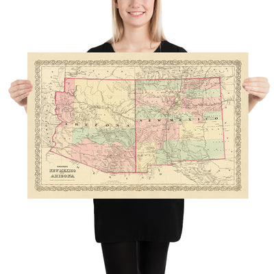 Alte Karte von New Mexico und Arizona von Colton, 1873: Santa Fe, Tucson, Albuquerque, Prescott und Mesilla