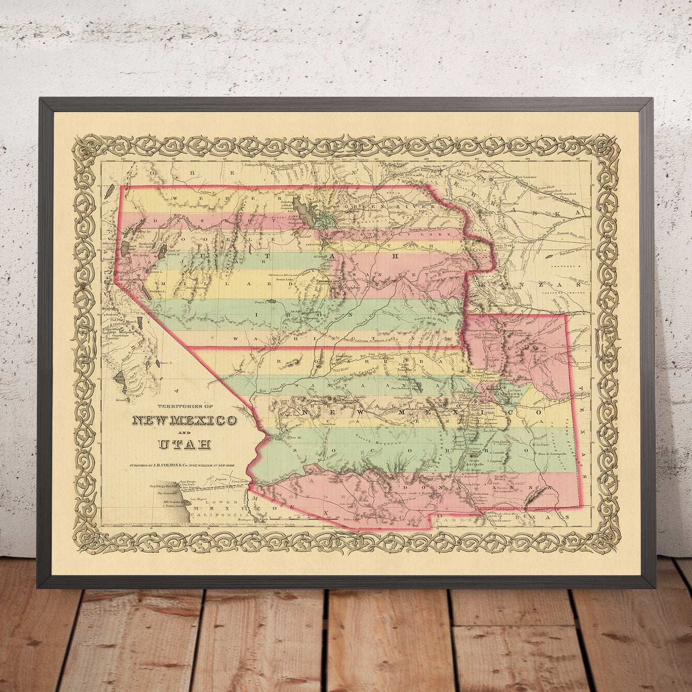 Ancienne carte du Nouveau-Mexique et de l'Utah par JH Colton, 1856 : Santa Fe, Albuquerque, Provo, Salt Lake City, St. George