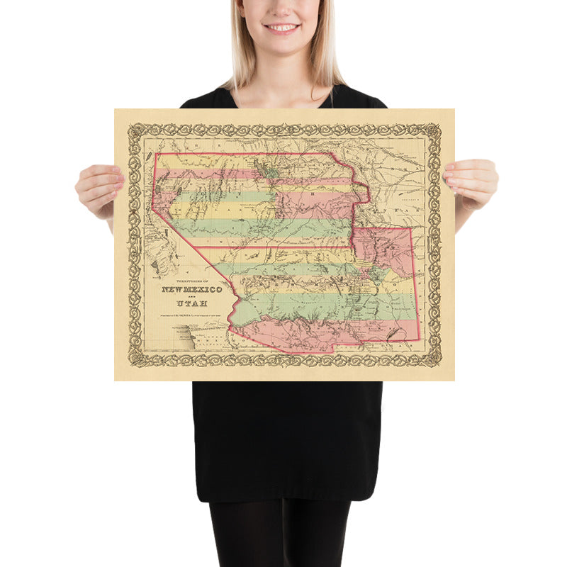 Ancienne carte du Nouveau-Mexique et de l'Utah par JH Colton, 1856 : Santa Fe, Albuquerque, Provo, Salt Lake City, St. George