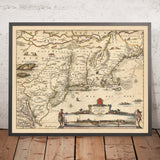 Alte Karte von Neu-Niederlande, Neu-England und einem Teil von Virginia von Visscher, 1690: New York, Neu-Amsterdam, Indianersiedlungen 