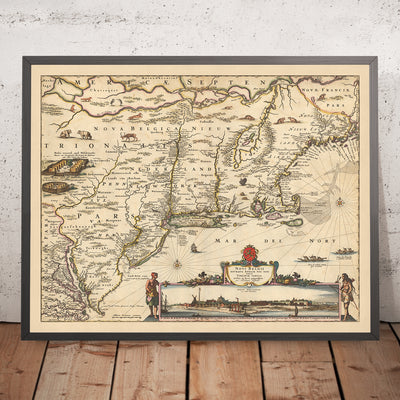 Alte Karte von New Netherland, New England und einem Teil von Virginia von Visscher, 1690: New York, New Amsterdam, Indianersiedlungen