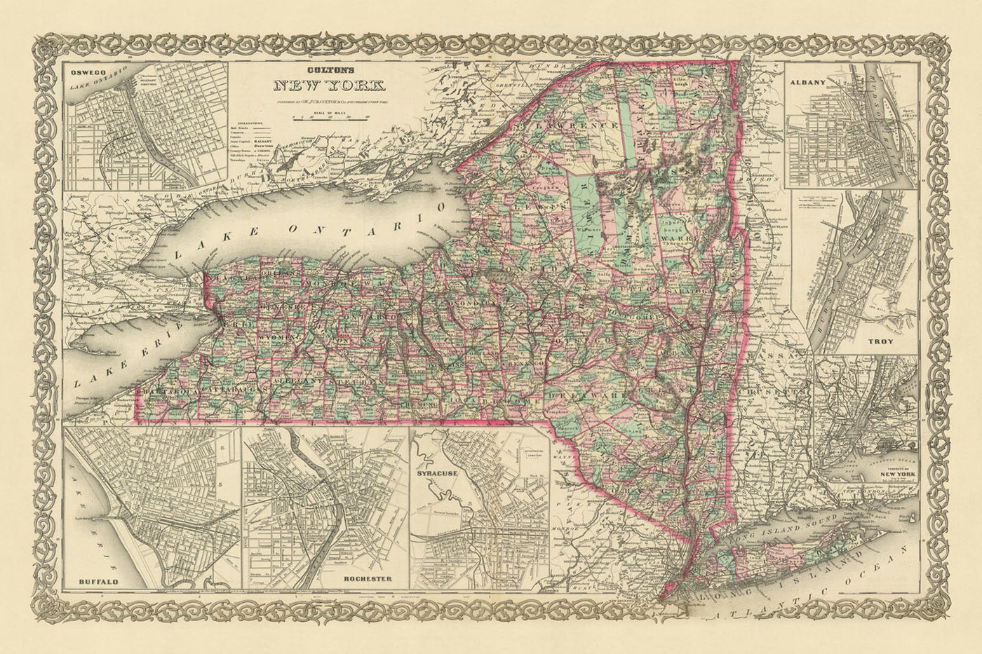 Ancienne carte de New York par JH Colton, 1874 : New York, Buffalo, Rochester, Albany, Syracuse
