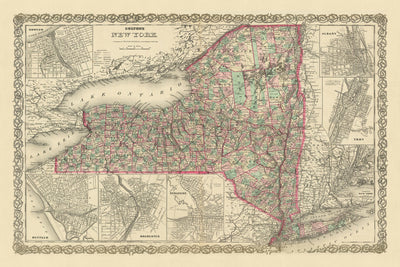 Mapa antiguo de Nueva York por JH Colton, 1874: Ciudad de Nueva York, Buffalo, Rochester, Albany, Siracusa