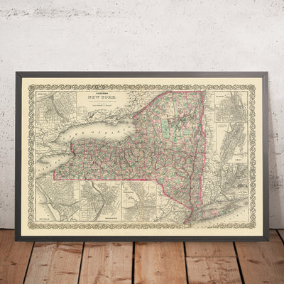 Mapa antiguo de Nueva York por JH Colton, 1874: Ciudad de Nueva York, Buffalo, Rochester, Albany, Siracusa