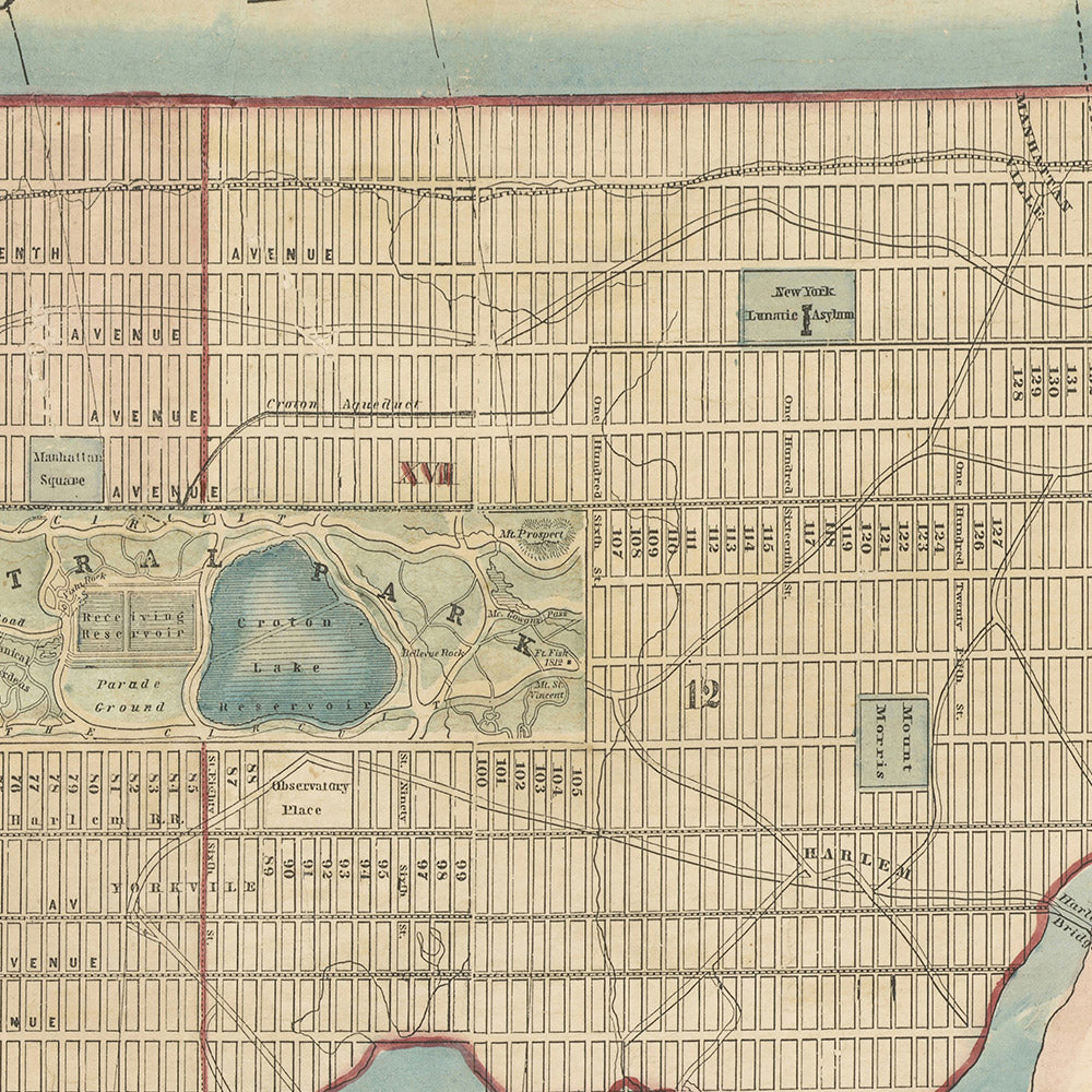 Mapa antiguo de la ciudad de Nueva York de Phelps, 1857: Central Park, The Battery, Ellis Island, Hudson River, Central Park Creation