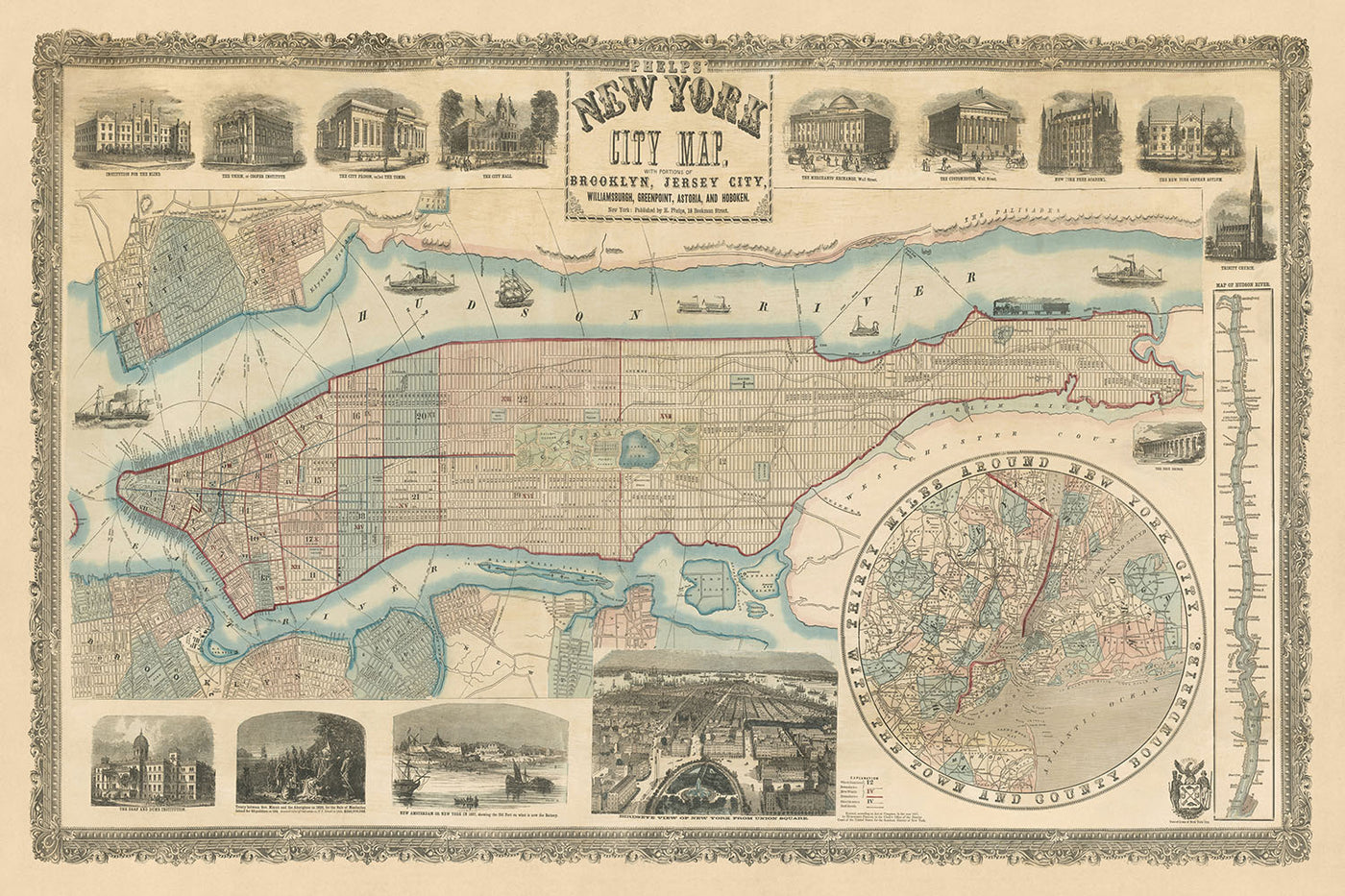 Mapa antiguo de la ciudad de Nueva York de Phelps, 1857: Central Park, The Battery, Ellis Island, Hudson River, Central Park Creation