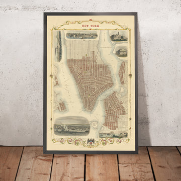 Old Map of New York City by Tallis & Rapkin, 1851: Manhattan, Brooklyn, Williamsburgh, City Hall, Custom&