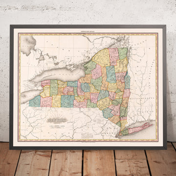 Mappa antica dello Stato di New York di Tanner, 1819: New York City, Albany, West Point, Plattsburgh e Lago Champlain 
