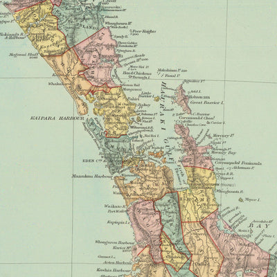 Ancienne carte de la Nouvelle-Zélande par Stanford, 1887 : Auckland, Wellington, Alpes du Sud, Île Stewart, Comtés 