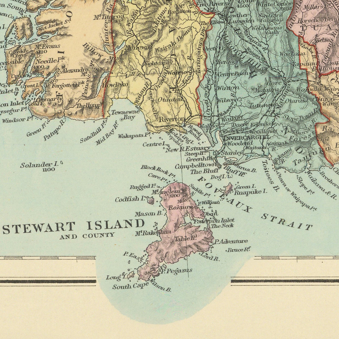 Ancienne carte de la Nouvelle-Zélande par Stanford, 1887 : Auckland, Wellington, Alpes du Sud, Île Stewart, Comtés 