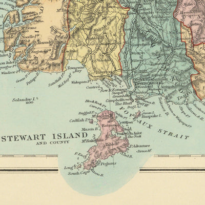 Ancienne carte de la Nouvelle-Zélande par Stanford, 1887 : Auckland, Wellington, Alpes du Sud, Île Stewart, Comtés 