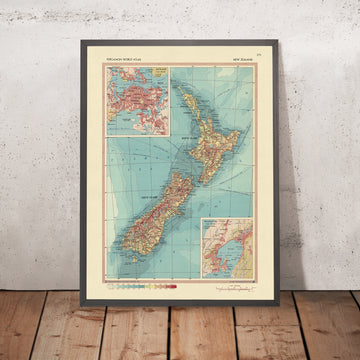 Ancienne carte de la Nouvelle-Zélande, 1967 : Auckland, Wellington, Île du Nord, Île du Sud, Détroit de Cook
