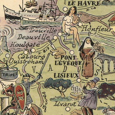 Antiguo mapa pictórico de Normandía de Liozu, 1951: Rouen, Le Havre, Mont Saint-Michel, playas del Día D, Caen