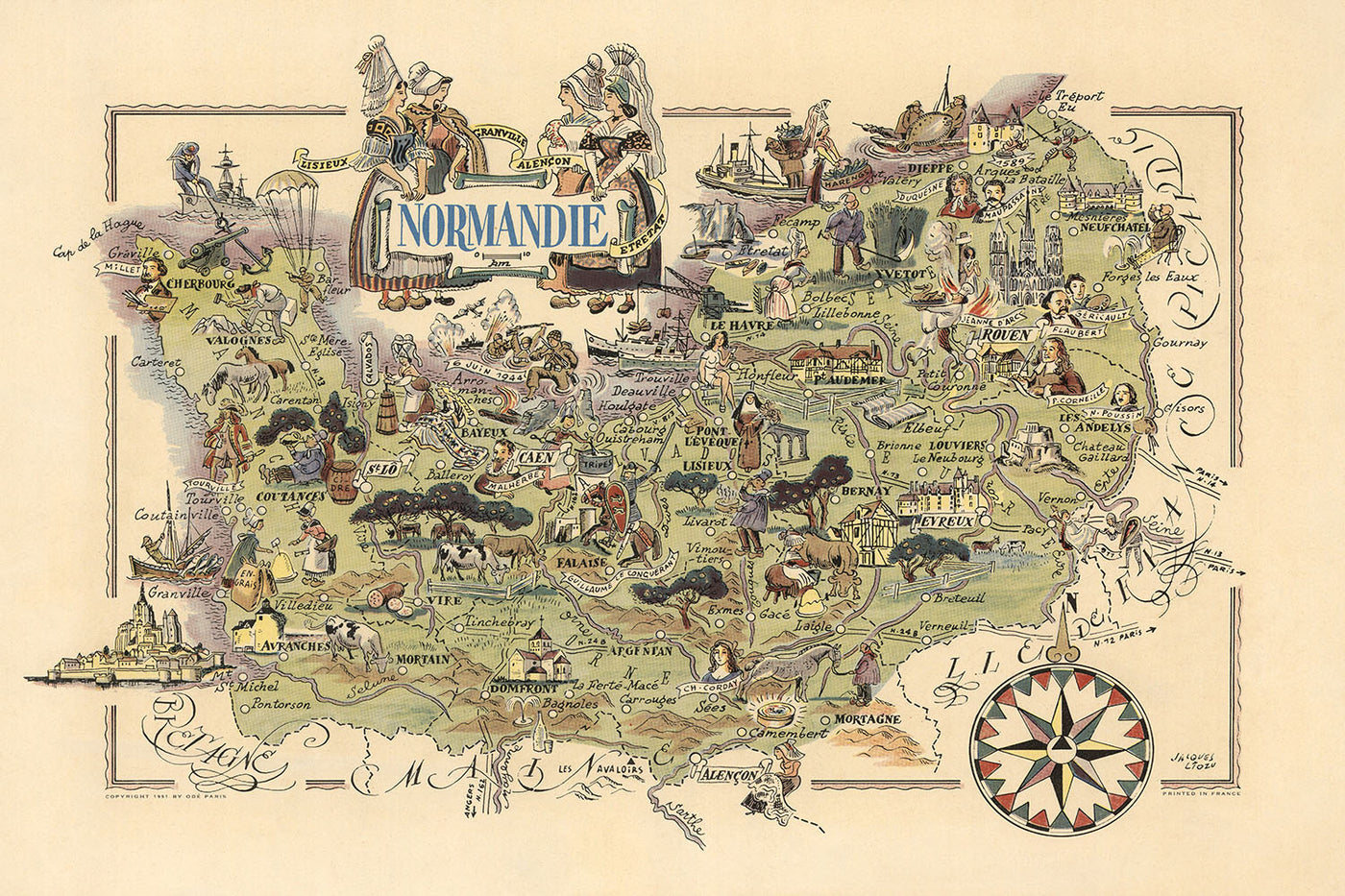 Antiguo mapa pictórico de Normandía de Liozu, 1951: Rouen, Le Havre, Mont Saint-Michel, playas del Día D, Caen