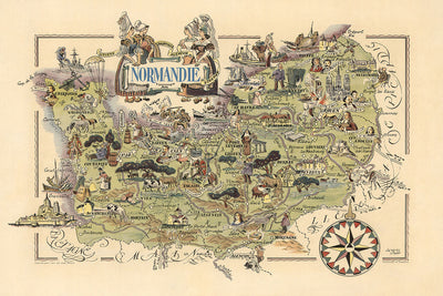 Antiguo mapa pictórico de Normandía de Liozu, 1951: Rouen, Le Havre, Mont Saint-Michel, playas del Día D, Caen