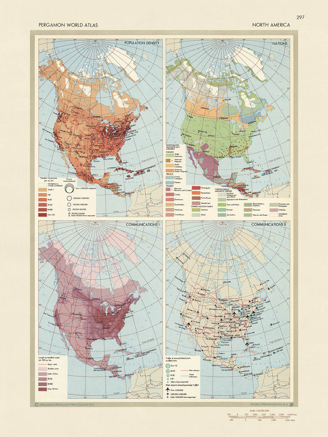 Old Infographic Map of North American Demographics & Communications, 1967: Cold War Road & Rail Chart