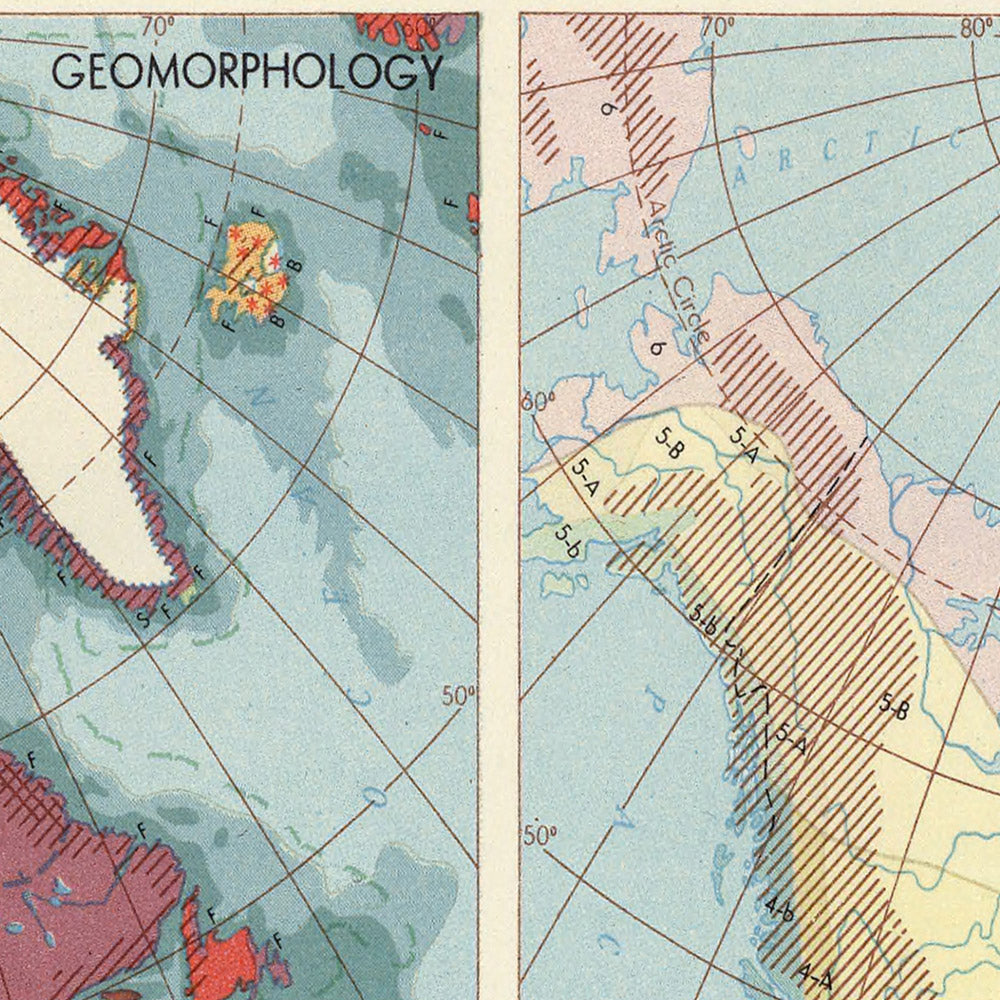 Antiguo mapa infográfico de la geología norteamericana, 1967: geología, geomorfología, clima