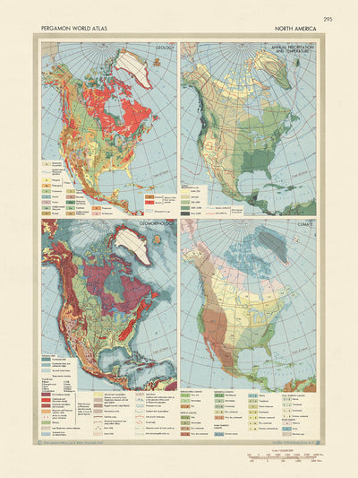 Antiguo mapa infográfico de la geología norteamericana, 1967: geología, geomorfología, clima
