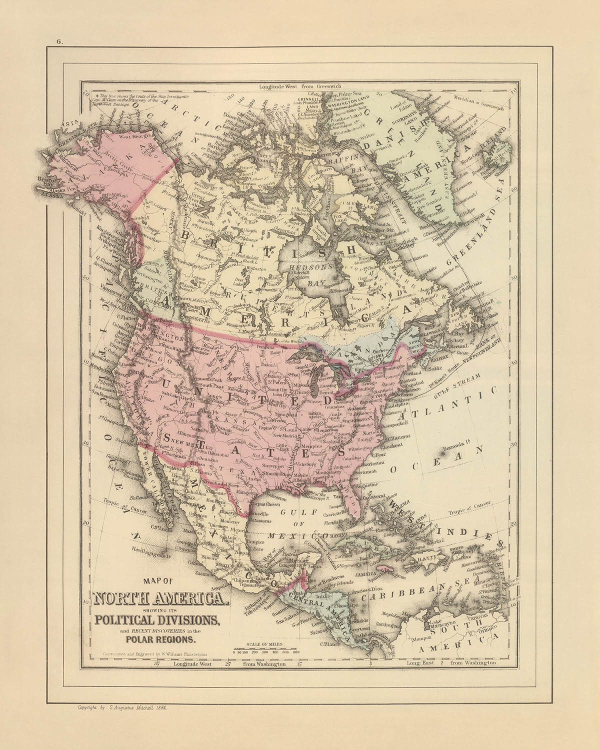 Antiguo mapa de América del Norte por Mitchell, 1884: Nueva York, Montañas Rocosas, Bahía de Hudson, Regiones polares, Ciudad de México