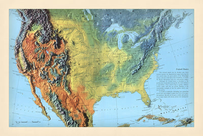 Old Shadow Relief Map of North America by Debenham, 1958: Detailed Relief, Mountain Ranges