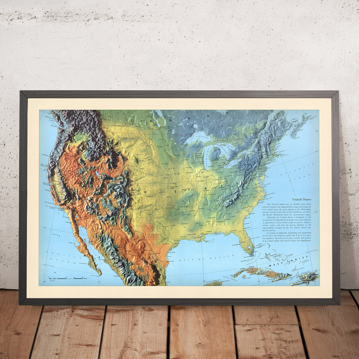 Old Shadow Relief Map of North America by Debenham, 1958: Detailed Relief, Mountain Ranges