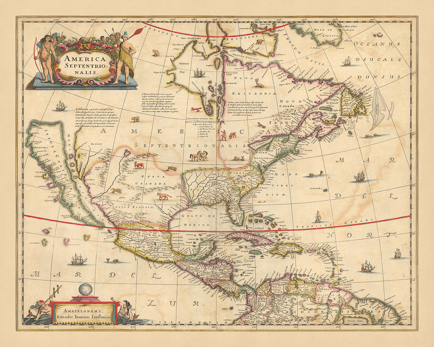Old Map of North America by Visscher, 1690: Central America, Caribbean, Mexico City, Washington, Bermuda Triangle