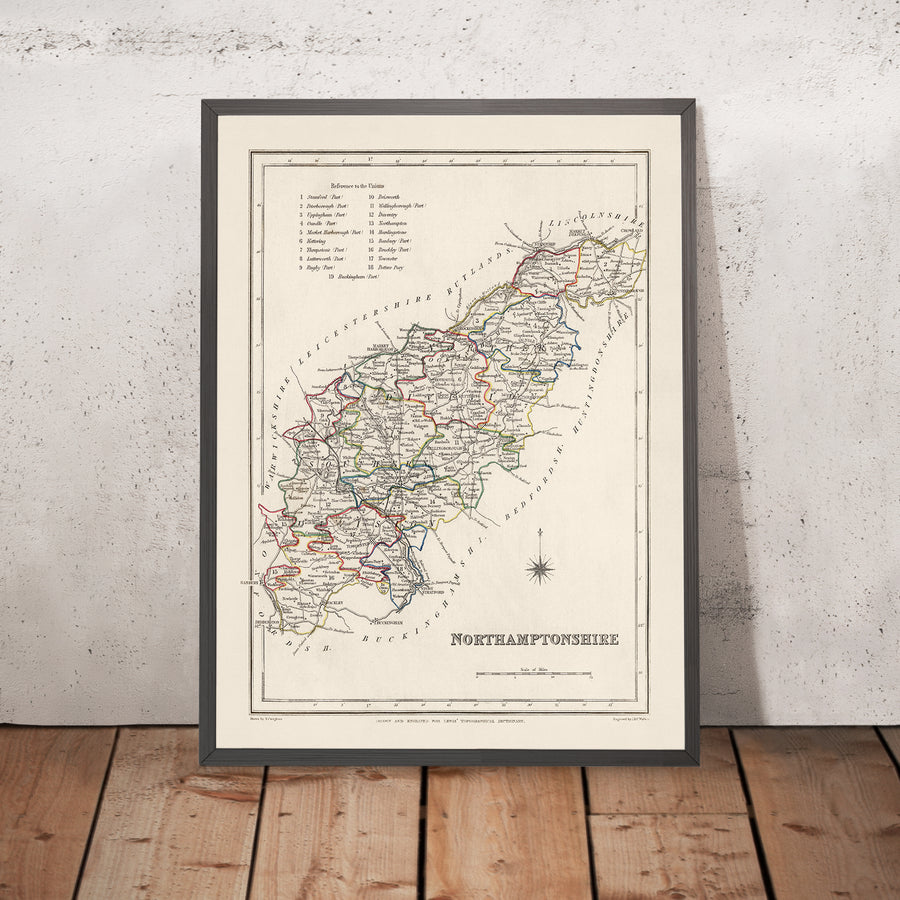 Antigua mapa de Northamptonshire por Samuel Lewis, 1844: Northampton, Kettering, Corby, Wellingborough y Rushden 
