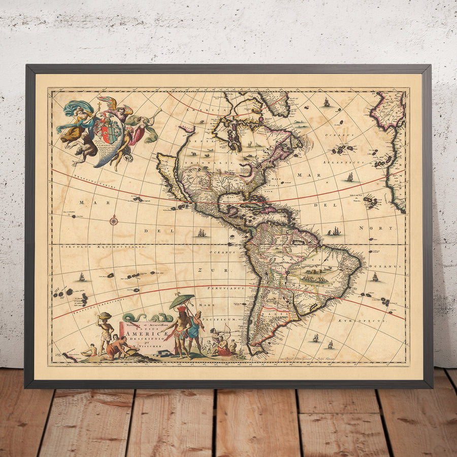 Ancienne carte des Amériques par Visscher, 1690 : Amérique centrale, Caraïbes, Polynésie, îles de l&
