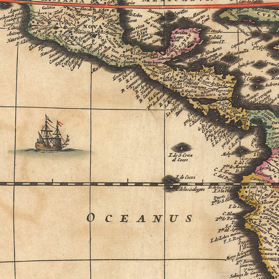 Ancienne carte des Amériques par Visscher, 1690 : Amérique centrale, Caraïbes, Polynésie, îles de l&