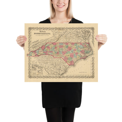 Mapa antiguo de Carolina del Norte por JH Colton, 1858: Raleigh, Wilmington, New Bern, Fayetteville y Asheville