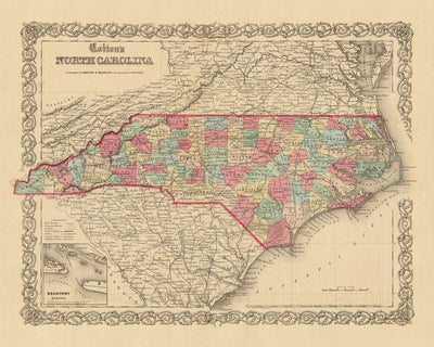 Mapa antiguo de Carolina del Norte por JH Colton, 1858: Raleigh, Wilmington, New Bern, Fayetteville y Asheville