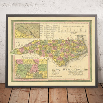 Old Map of North Carolina by Tanner, 1841: Raleigh, Charlotte, Asheville, Greensboro, and Wilmington
