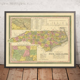 Alte Karte von North Carolina von Tanner, 1841: Raleigh, Charlotte, Asheville, Greensboro und Wilmington 
