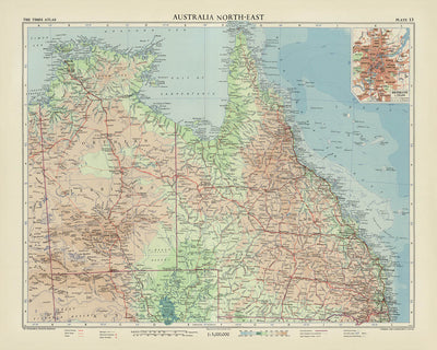 Ancienne carte du Queensland par Bartholomew, 1958 : Brisbane, Grande Barrière de corail, Cap York, Parc national de Carnarvon, Détroit de Torres