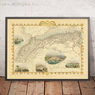 Antigua mapa del norte de África por Tallis y Rapkin, 1851: Túnez, Argel, Constantina, montañas del Atlas, Sahara 