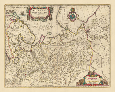 Old Map of Northern and Eastern Russia by Visscher, 1690: Arkhangelsk, Kazan, Vologda, Yaroslavl, Murmansk Tundra