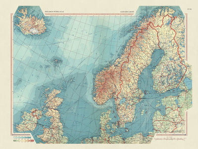 Carte du vieux monde de l'Europe du Nord par le service topographique de l'armée polonaise, 1967 : carte politique et physique détaillée de la Scandinavie, du Royaume-Uni et de l'Islande