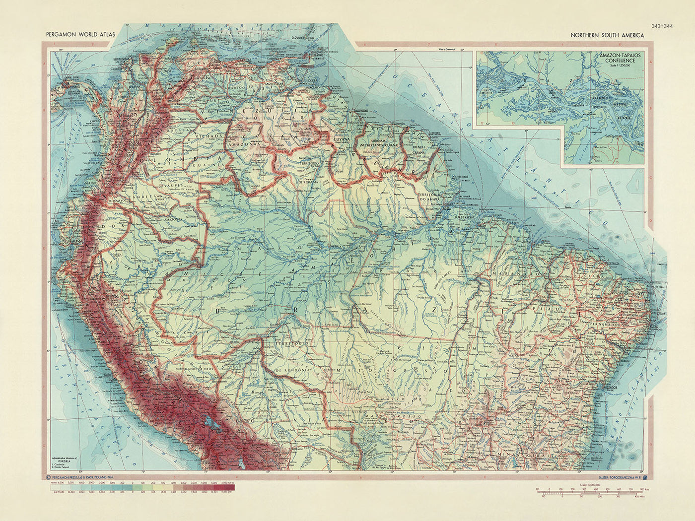 Ancienne carte du nord de l'Amérique du Sud, Service topographique de l'armée polonaise, 1967 : fleuve et bassin Amazone, cordillère des Andes, canal de Panama, confluent Amazone-Tapajos, Petites Antilles